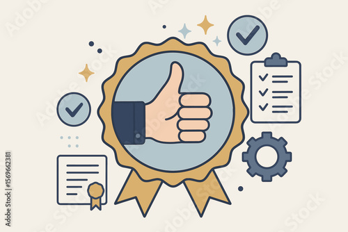 Quality assurance concept with guarantee seal. Thumbs up for top service and excellence. Standards, ISO certification, and standardization icon. Product quality commitment.