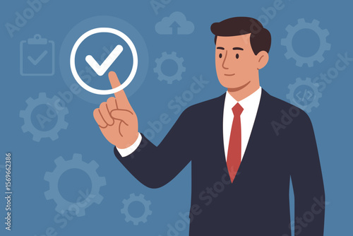 Service guarantee and validation concept for business process automation. Quality assurance management, certification, and digital transformation. Man touching check mark icon.