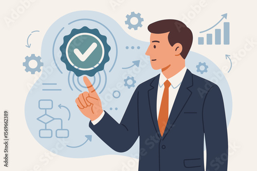 Quality assurance management vector. Service guarantee, validation concept for business process automation. Certification and standardization for digital transformation technology.