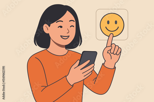 Happy Asian woman with phone gives positive feedback. Customer satisfaction survey concept. Excellent service review. Good rating with smile emoji. User experience concept.