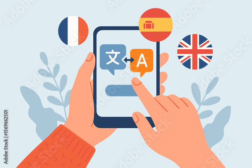 Online translator app and language education concept. Person with mobile phone translates foreign languages. Digital dictionary service for international communication. Vector.