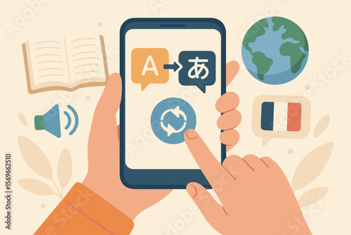 Translator app for language learning. Hand holding phone with online translation service. Digital dictionary. E-learning. Global communication. Foreign language lesson concept.