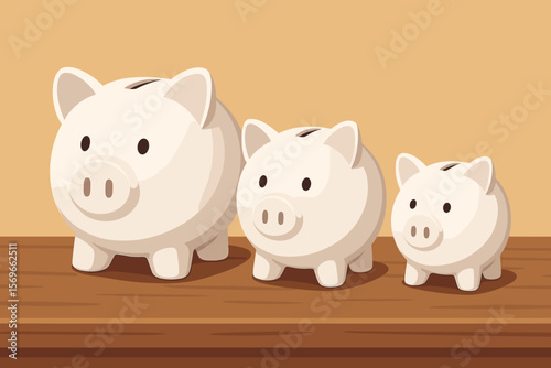 Three piggy banks of different sizes symbolizing savings growth and financial planning. Concept of family budget, investment, and wealth accumulation. Flat vector illustration.