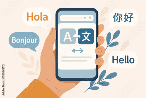 Language translator app on mobile phone screen. Hand holding smartphone. Online dictionary and translation service for education or travel. Multilingual communication concept.