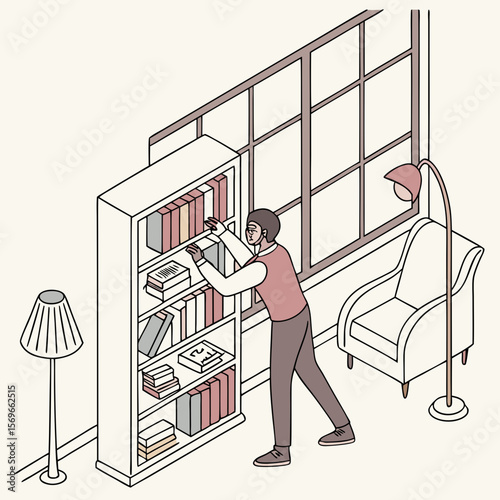 A person arranging books on a bookshelf in a room with a chair and a lamp next to a window frame
