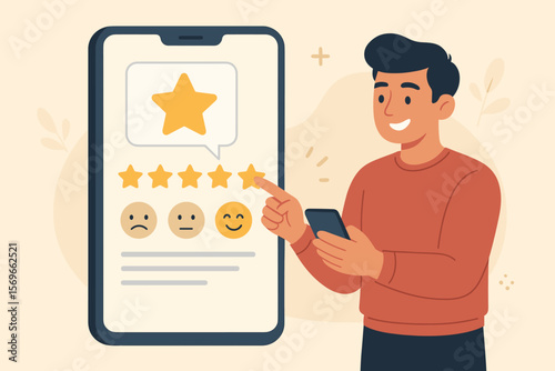 Customer satisfaction survey concept. User gives rating for service experience on online application. Client feedback and review. Man evaluates quality with five stars on phone.