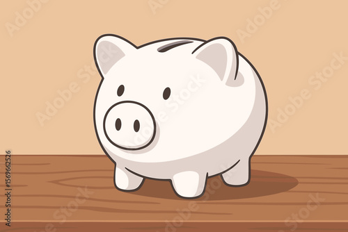 White piggy bank saving money concept. Financial investment and banking symbol. Simple flat vector cartoon illustration of budget, economy, and wealth management on a table.