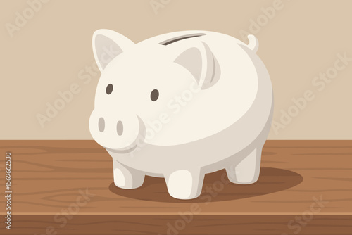 White ceramic piggy bank on wood table. Modern flat vector cartoon illustration. Economy, savings, finance, investment, budget, moneybox, wealth.