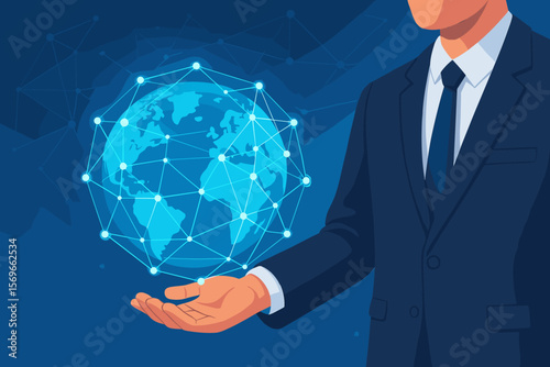 Web 3.0 technology concept. Businessman hand holds glowing digital earth globe. Global network, blockchain, metaverse, futuristic internet, decentralized finance, innovation.