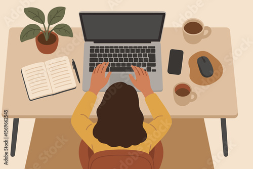 Top view of a woman working on a laptop at her desk. Home office, remote work concept. Female freelancer or student typing on the keyboard. Modern flat vector illustration.
