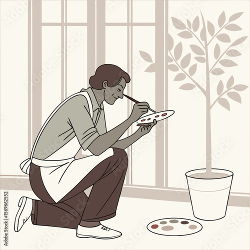 Woman painting a tree on a window with a palette and brush next to a potted plant in a room interior