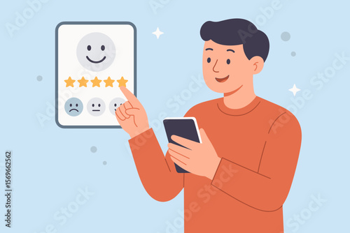 Customer satisfaction concept. Man gives a five-star positive rating on a smartphone screen. Excellent client feedback for service. User experience survey and testimonial.