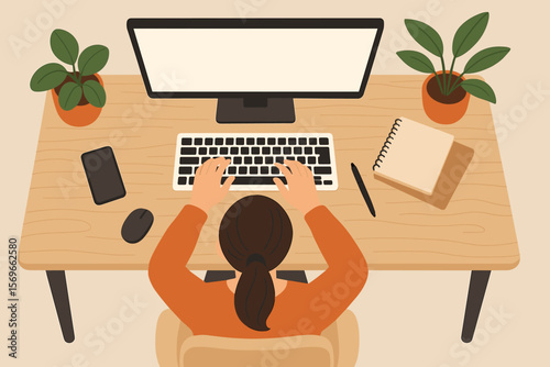 Woman working at desk in home office, top view. Girl typing on computer keyboard. Concept of remote work, freelance, online study, business. Modern flat vector illustration.