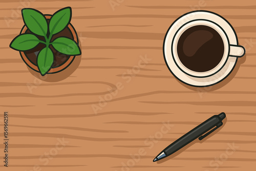 Wooden office desk table top view with coffee cup, pen, and plant pot. Flat lay vector cartoon illustration of a modern workspace with empty copy space for business or study.
