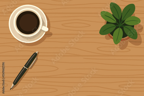 Wooden office desk background with coffee cup, pen, and plant. Top view of a modern workspace with copy space for text. Flat lay vector cartoon illustration concept.