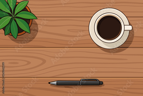 Wooden office desk with coffee, pen, plant. Top view, flat lay with copy space. Modern vector illustration. Business workspace, morning routine, desktop background concept.