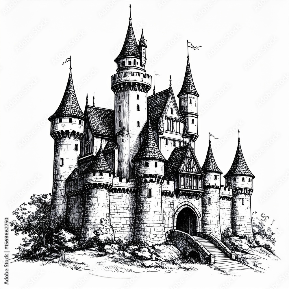 Fototapeta premium Monochrome Illustration of a Medieval Castle