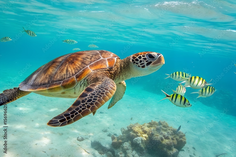 Obraz premium A majestic green sea turtle swims gracefully in clear turquoise water, surrounded by small tropical fish. A serene underwater wildlife scene.genrative ai 