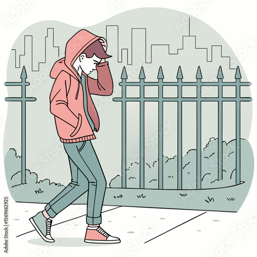 A young man in a hoodie walks sadly past a fence with a city skyline in the background with his head down