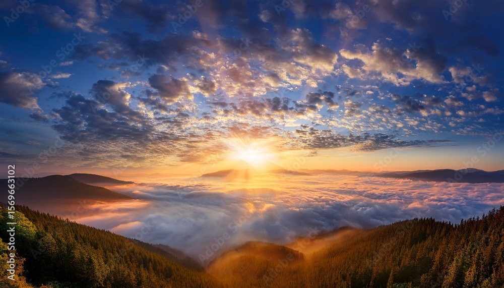 Obraz premium heavenly dawn breathtaking sunrise sky with dramatic rays of golden light piercing through layered clouds creating a celestial spectacle above misty landscape
