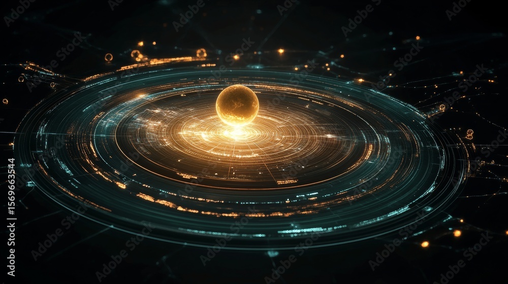 Obraz premium Abstract Technology Core with Glowing Sphere and Circular Data Streams