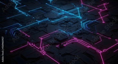 Abstract Glowing Circuit Board Texture Neon Pink and Blue Technology Background