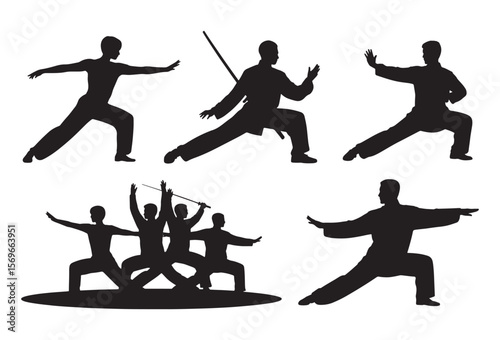 Silhouettes of martial artists practicing various combat stances and movements