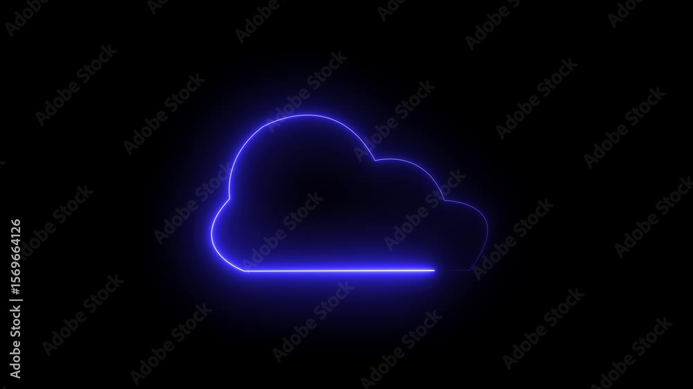 neon cloud storage network conception from a plurality of hosts and communications .A glowing blue cloud outline is displayed on a dark background, representing technology and data.