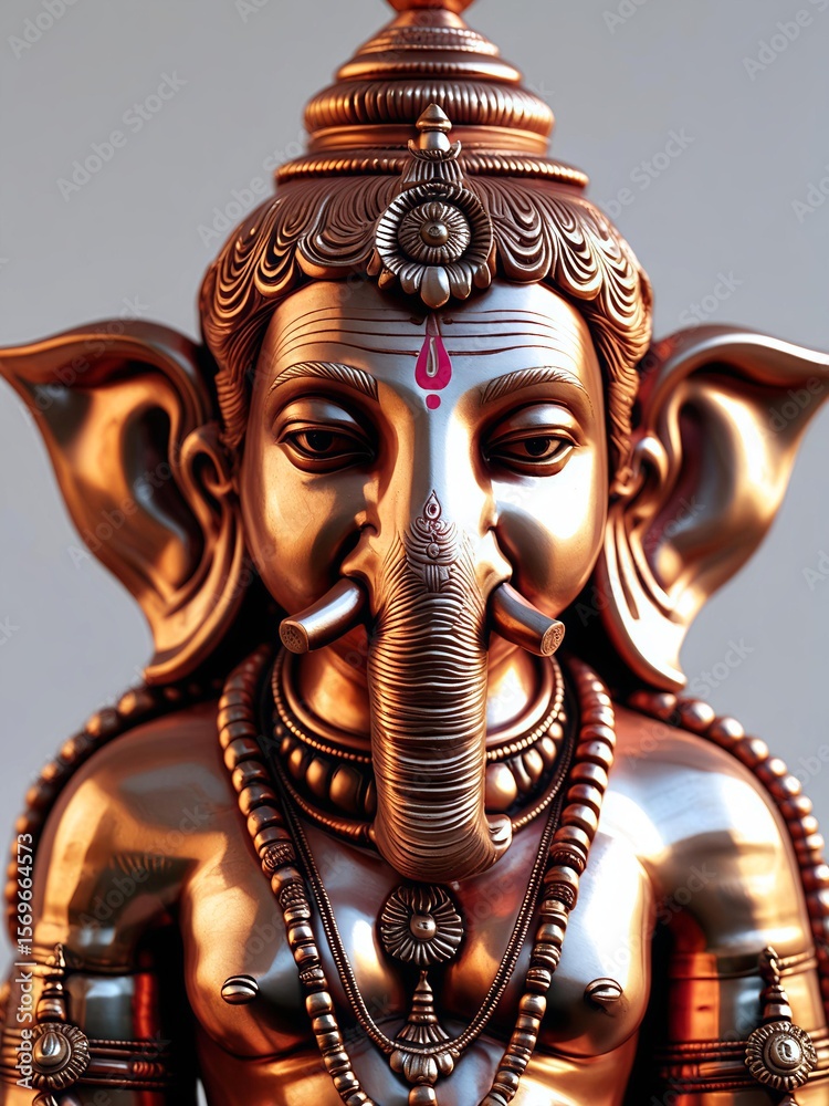 Obraz premium Copper Ganesh Idol on Pedestal Isolated on Light Background 