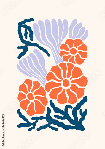 Underwater seaweeds, corals, florals vector illustration. Minimalist retro ocean poster design with sea plants