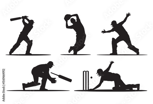 Dynamic silhouettes of cricket players in action on a white background