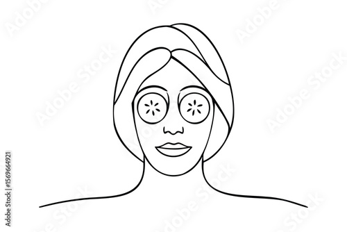 Single line drawing a woman with cucumber slices on eyes in a spa treatment face