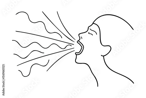 Line drawing a person exhaling with wavy straight lines emanating from the mouth