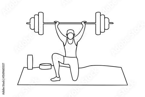 Single line art person lifting barbell overhead in a kneeling position with weights