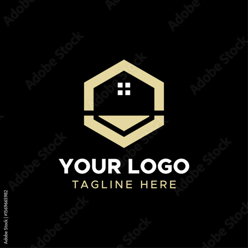 Modern Real Estate Logo with Geometric House and Window Icon,  Property and Construction Branding