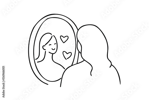 Woman looking in mirror with hearts showing self love Single positivity reflection