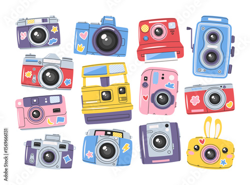 Vintage digital photo cameras doodle hand drawn photographer equipment set with cute childish design