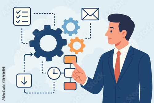 Business process management and workflow automation concept. Manager touching virtual interface with flowchart diagram and gears. Efficient business operation and optimization.