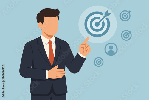 Businessman pointing at a virtual target icon. Business objective and strategic planning concept. Metaphor for goal setting, growth, mission, customer targeting, and success.