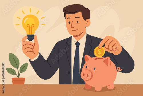 Businessman with lightbulb idea puts coin in piggy bank. Concept of saving money on energy, financial planning, investment strategy, business growth, and budget management.