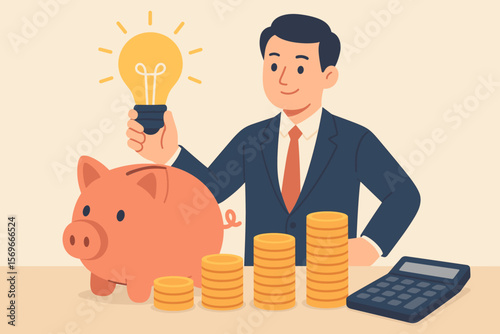 Financial idea concept. Businessman puts lightbulb in piggy bank. Investment strategy. Smart saving. Business growth. Profit. Wealth management. Budget. Modern vector cartoon.