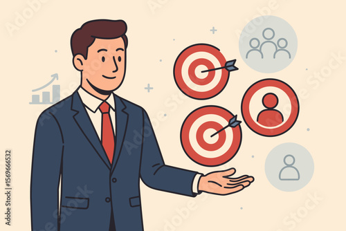 Strategic planning concept. Businessman aiming at business objectives and target audience. Marketing goal, mission success, customer group focus and business growth vector.