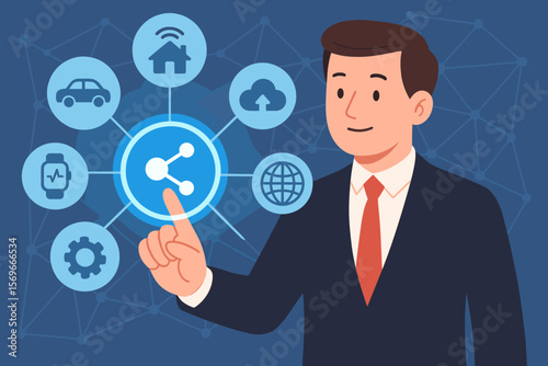 Internet of Things (IoT) concept. Businessman interacts with virtual screen interface. Icons for smart home, connected car, cloud computing, wearable tech, and network automation.