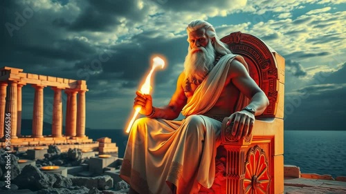 Zeus gesturing on throne overlooking sea. Ancient god holding torch on stone throne