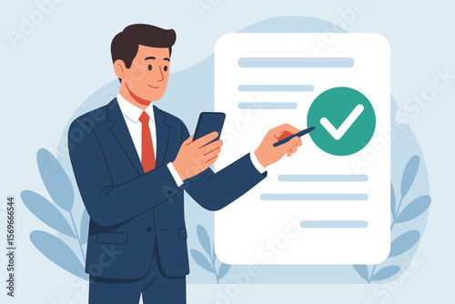 Businessman approving virtual document with check mark. Manager using phone for online approval. Paperless office, quality assurance, ERP management, digital signature concept.