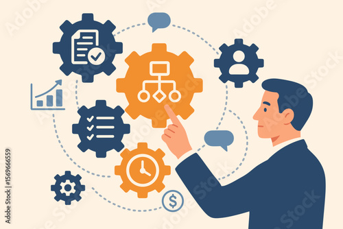 Business process management and workflow automation concept. Manager pointing at a flowchart diagram with gears for efficient operation, strategy, smart control, and optimization.