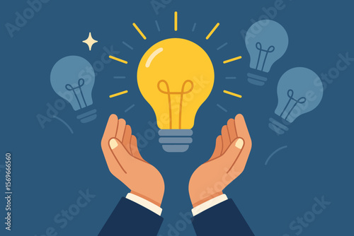 Businessman hands holding an illuminated lightbulb. Concept of a new idea, innovation, and inspiration. Smart business, intelligent creativity, and finding a brilliant solution.