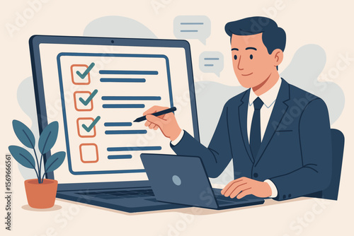 Businessman completing business performance checklist on laptop. Man filling out online survey, digital form or questionnaire. Task management, assessment, productivity concept.