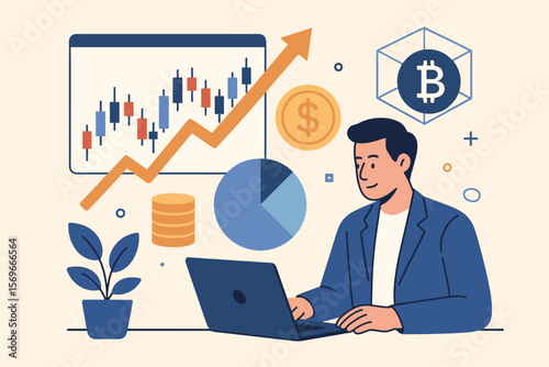 Investor analyzing stock market data, cryptocurrency trends on laptop. Business finance concept with growing candlestick chart, bitcoin, coins. Flat vector cartoon illustration.