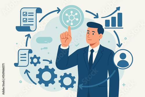Business process management, BPM, and workflow automation. Manager with flowchart diagram on virtual interface. Smart control for efficient operation, strategy, and growth.